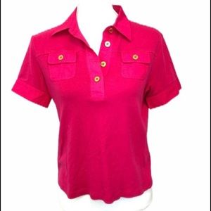 Chaps Pink V-Neck Blouse | Size M | Gold Button Accent | EUC